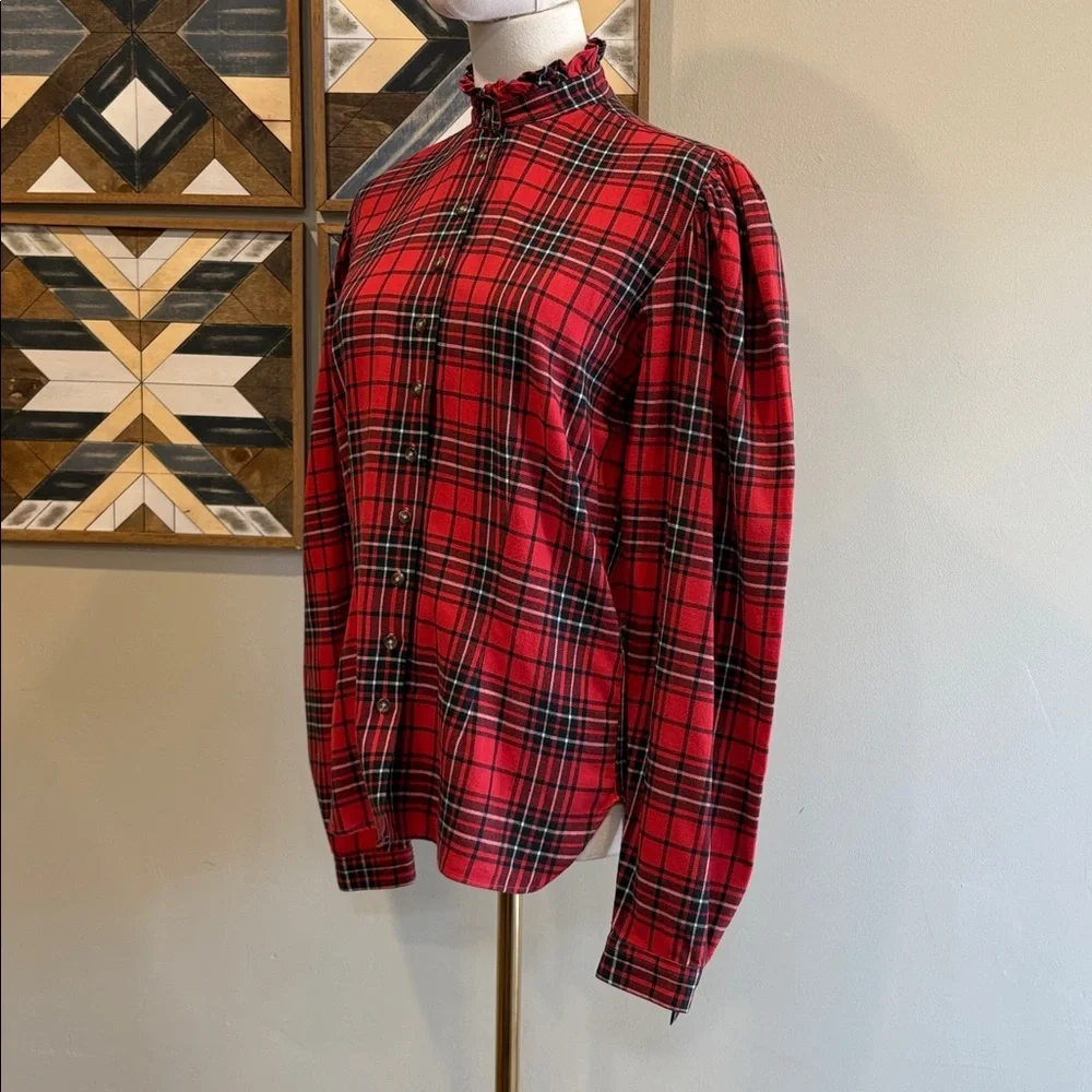 Vintage Ralph Lauren Red and Black Plaid Button-Front Puff Sleeve Top size 8